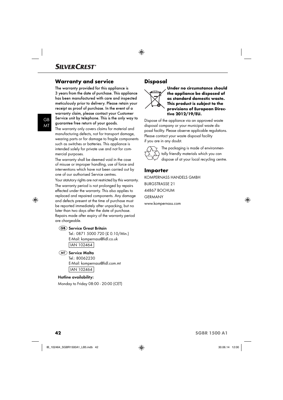 Warranty and service, Disposal, Importer | Silvercrest SGBR 1500 A1 User Manual | Page 45 / 60