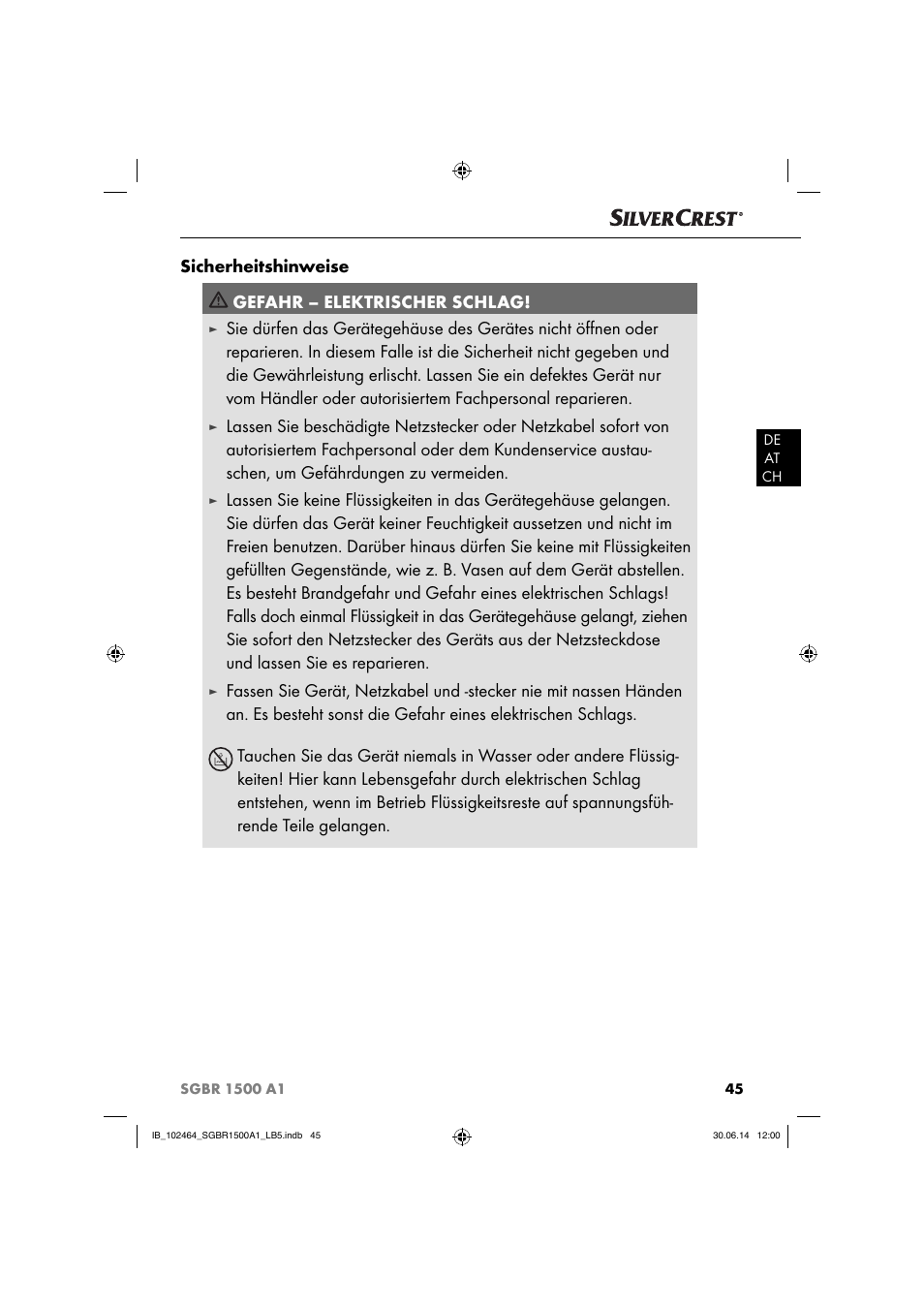 Sicherheitshinweise gefahr – elektrischer schlag | Silvercrest SGBR 1500 A1 User Manual | Page 48 / 60