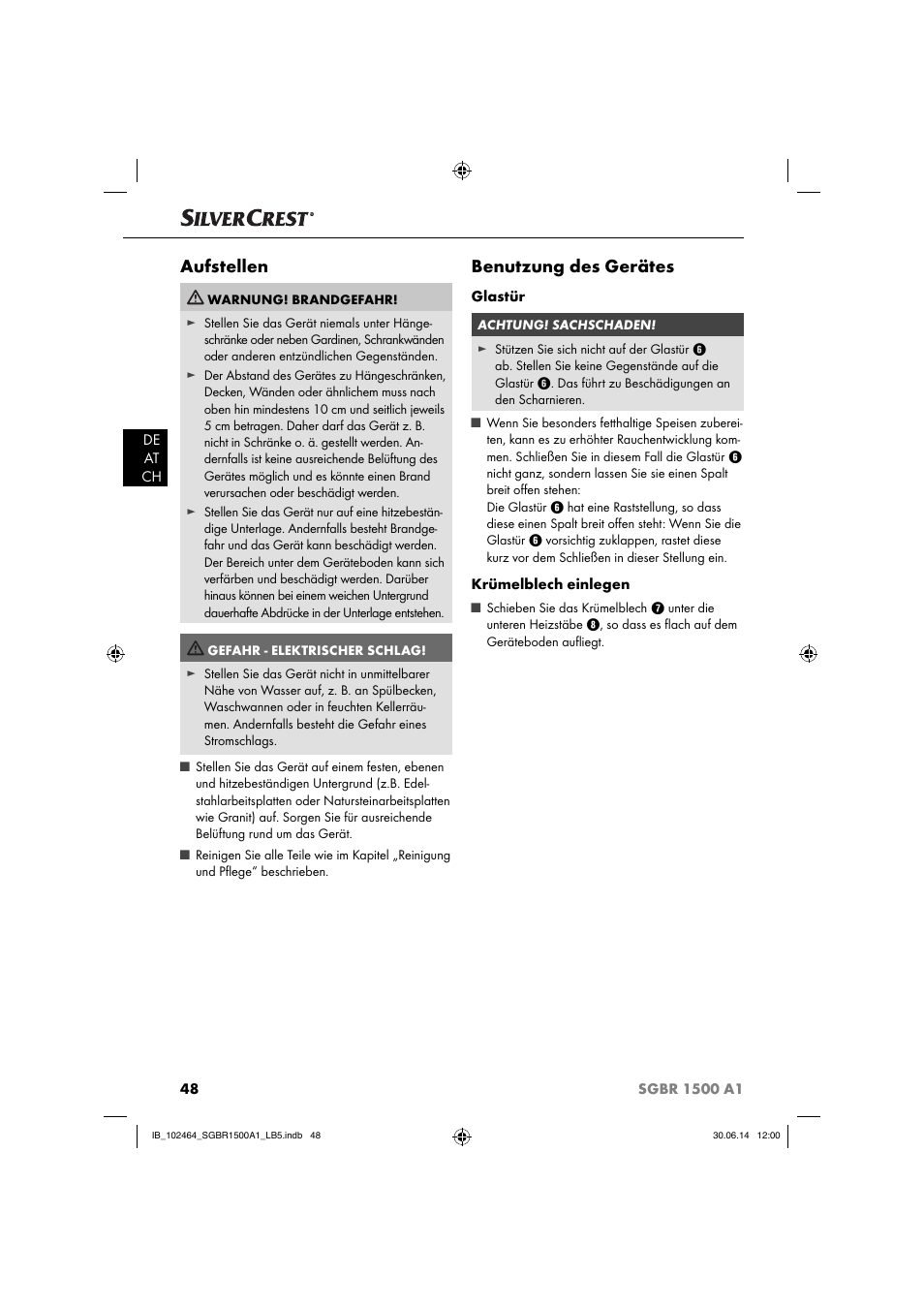 Aufstellen, Benutzung des gerätes | Silvercrest SGBR 1500 A1 User Manual | Page 51 / 60