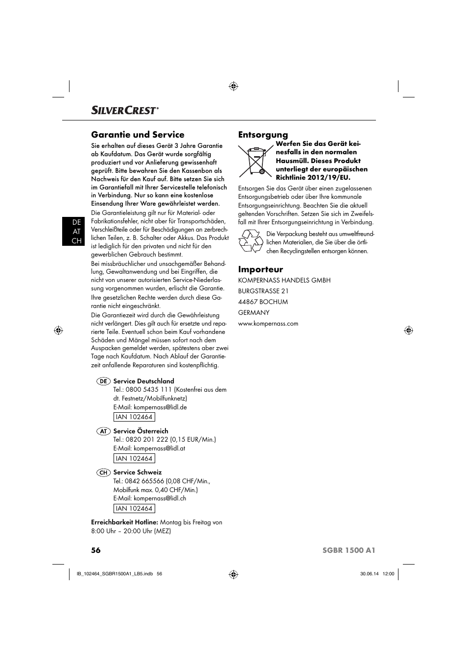 Garantie und service, Entsorgung, Importeur | Silvercrest SGBR 1500 A1 User Manual | Page 59 / 60