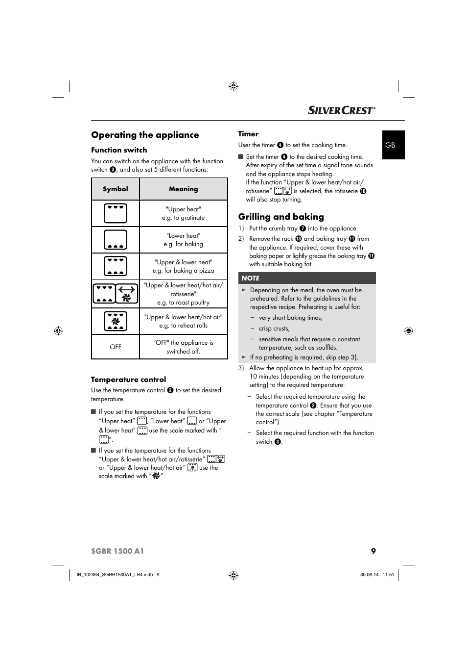 Operating the appliance, Grilling and baking | Silvercrest SGBR 1500 A1 User Manual | Page 12 / 88