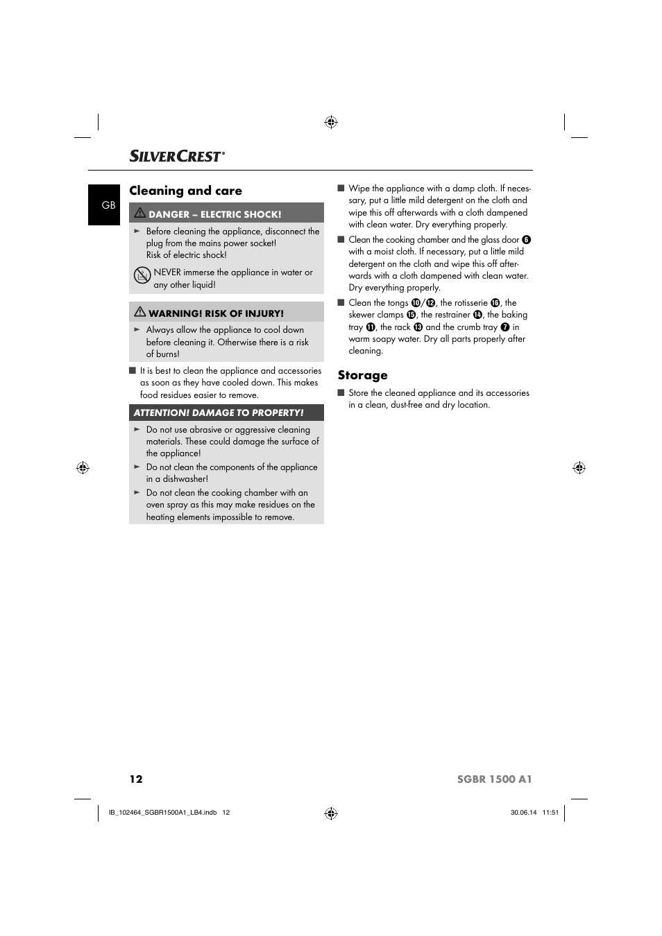 Cleaning and care, Storage | Silvercrest SGBR 1500 A1 User Manual | Page 15 / 88