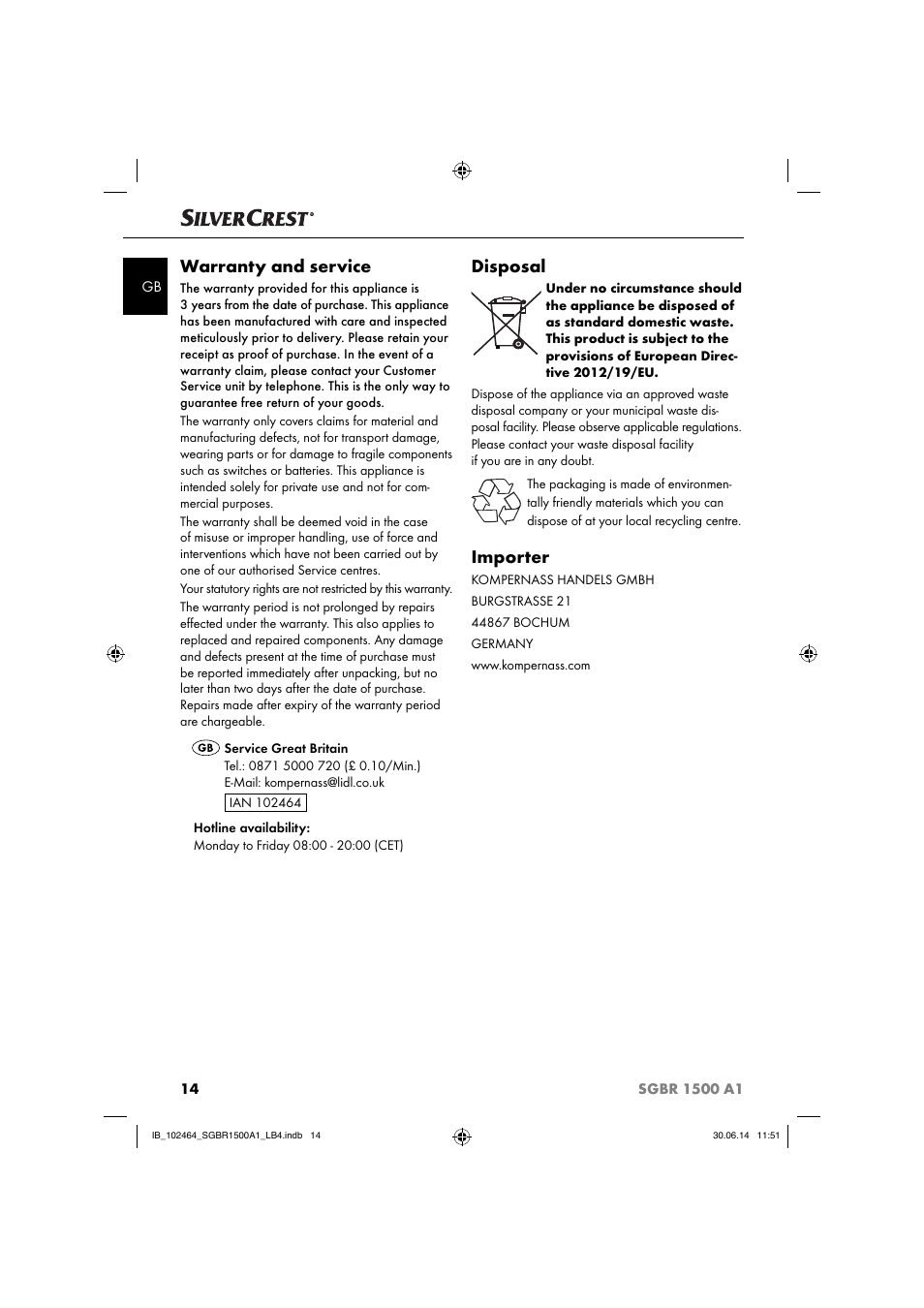 Warranty and service, Disposal, Importer | Silvercrest SGBR 1500 A1 User Manual | Page 17 / 88