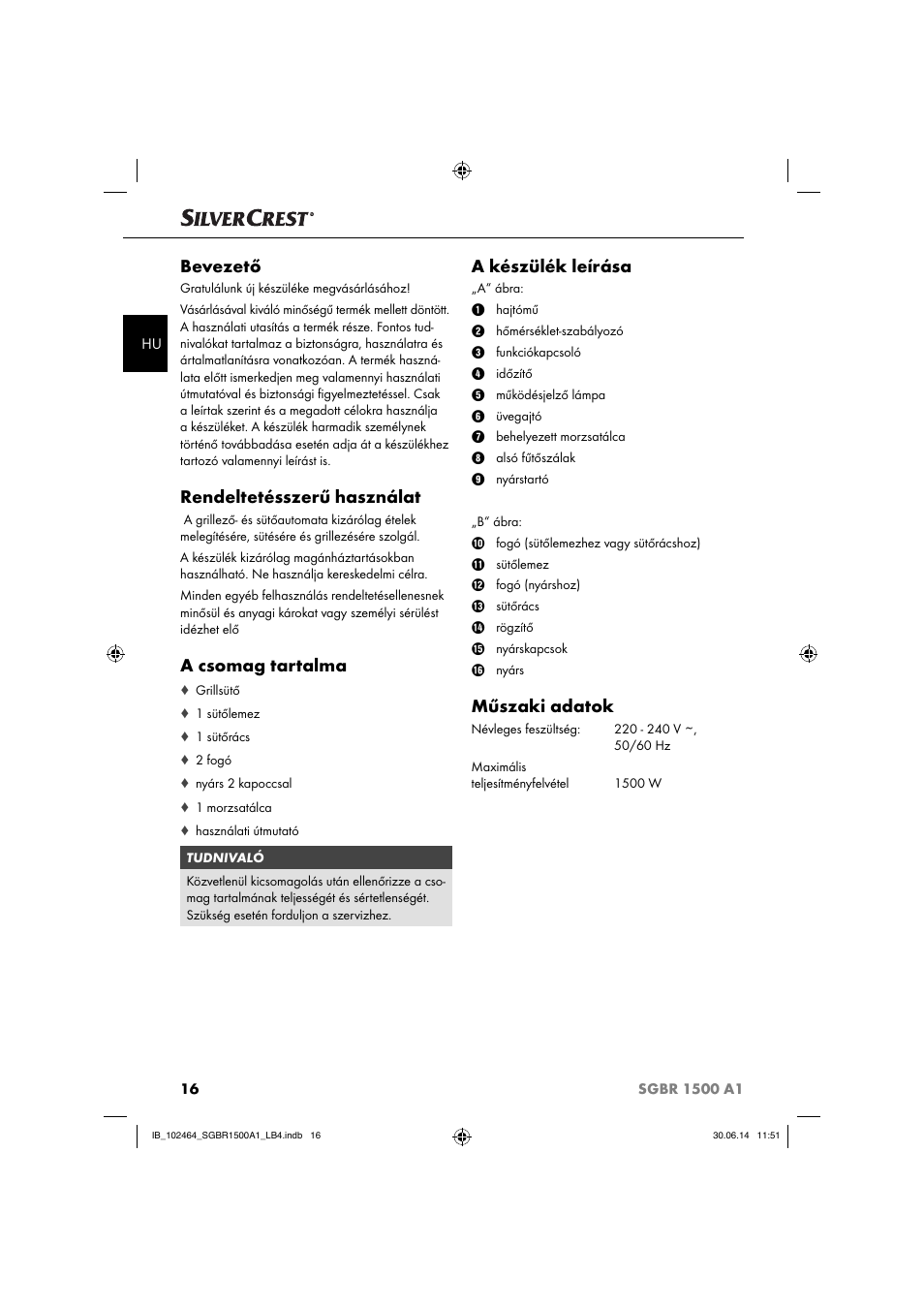 Bevezető, Rendeltetésszerű használat, A csomag tartalma | A készülék leírása, Műszaki adatok | Silvercrest SGBR 1500 A1 User Manual | Page 19 / 88