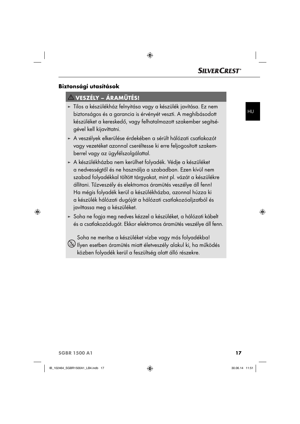 Biztonsági utasítások veszély – áramütés | Silvercrest SGBR 1500 A1 User Manual | Page 20 / 88