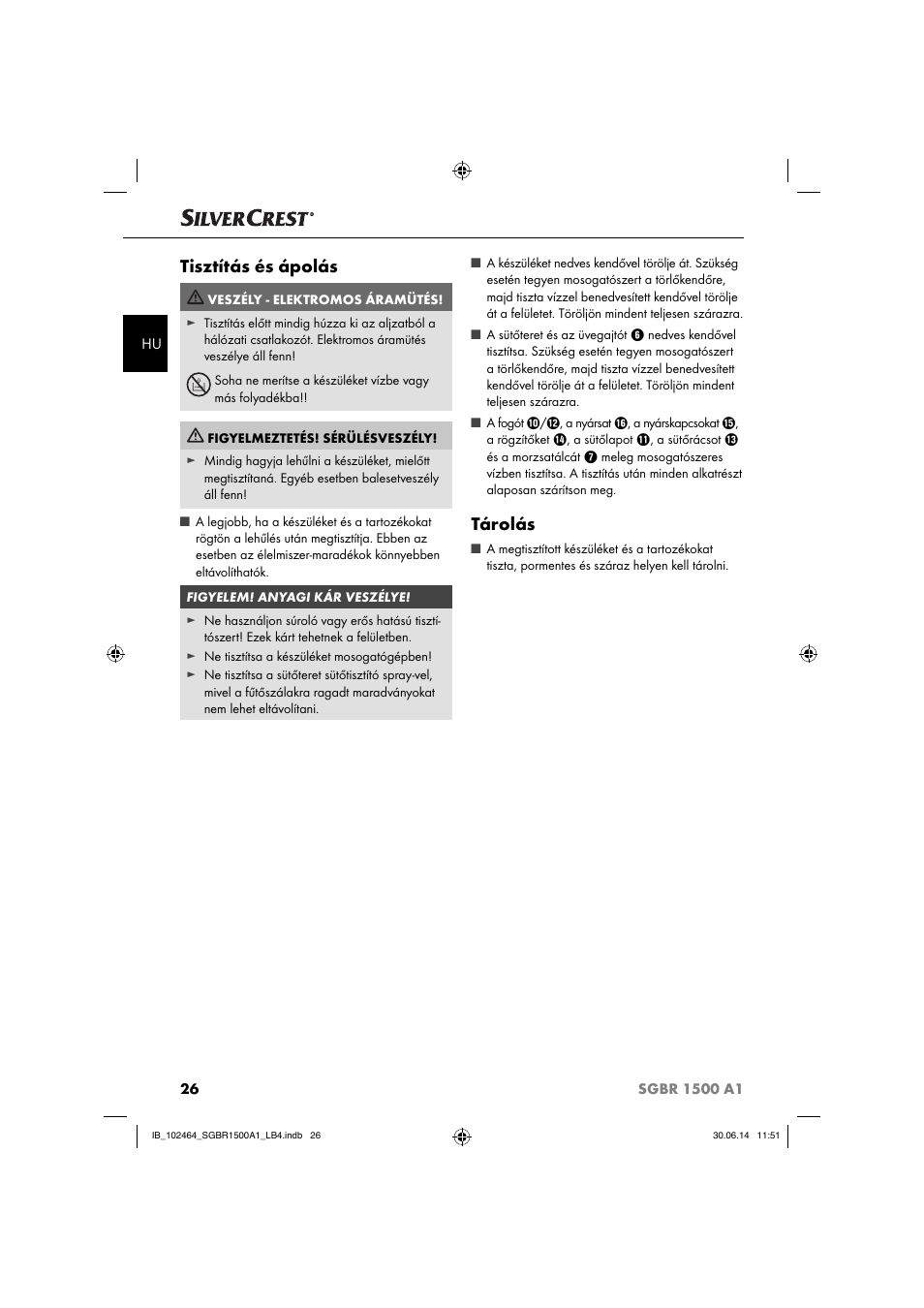 Tisztítás és ápolás, Tárolás | Silvercrest SGBR 1500 A1 User Manual | Page 29 / 88