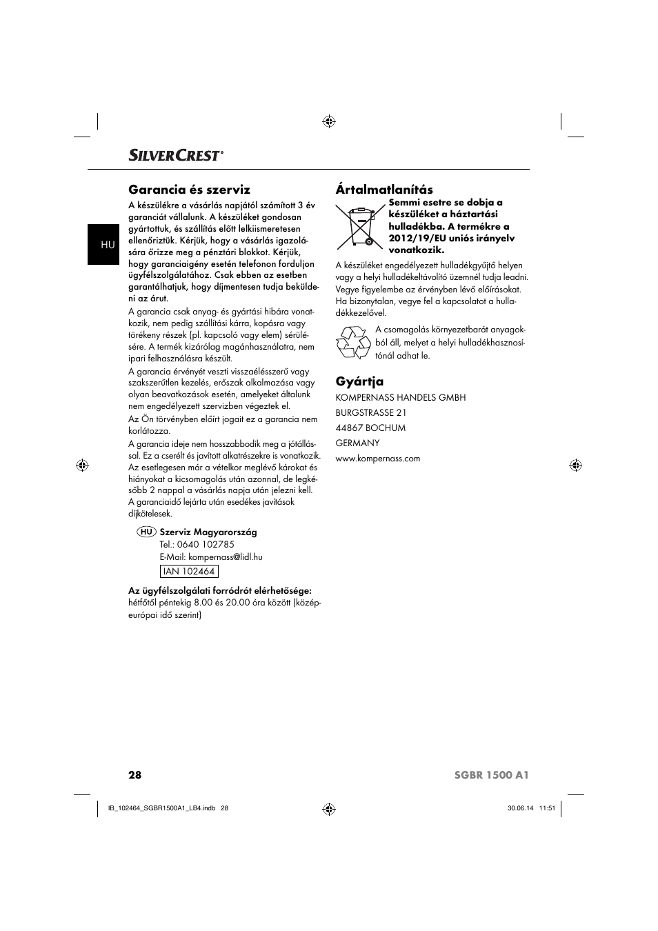 Garancia és szerviz, Ártalmatlanítás, Gyártja | Silvercrest SGBR 1500 A1 User Manual | Page 31 / 88