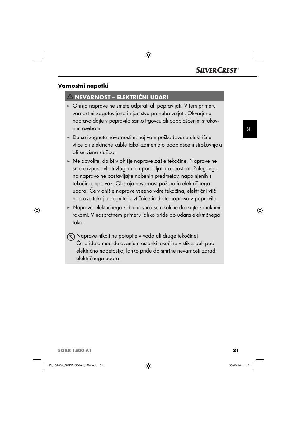 Varnostni napotki nevarnost – električni udar | Silvercrest SGBR 1500 A1 User Manual | Page 34 / 88