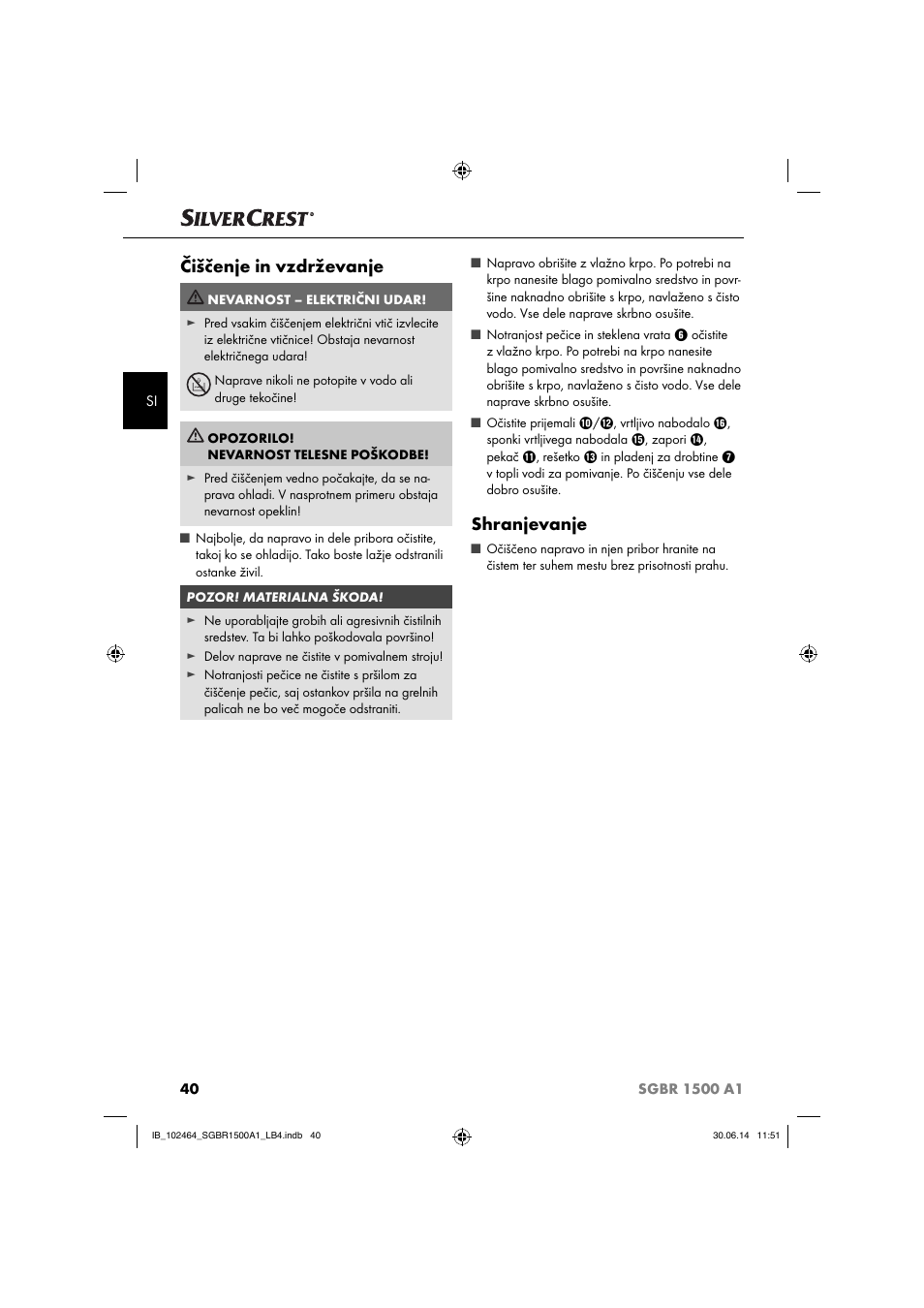Čiščenje in vzdrževanje, Shranjevanje | Silvercrest SGBR 1500 A1 User Manual | Page 43 / 88