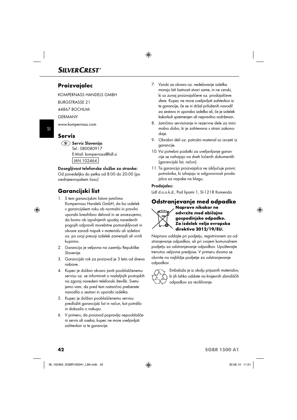 Proizvajalec, Servis, Garancijski list | Odstranjevanje med odpadke | Silvercrest SGBR 1500 A1 User Manual | Page 45 / 88