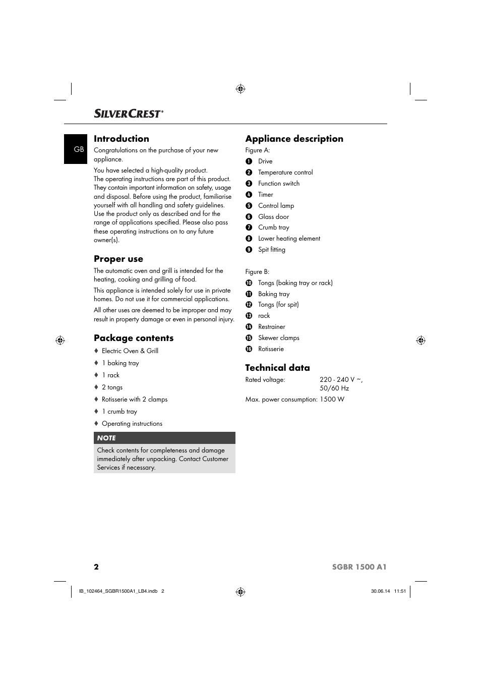 Introduction, Proper use, Package contents | Appliance description, Technical data | Silvercrest SGBR 1500 A1 User Manual | Page 5 / 88