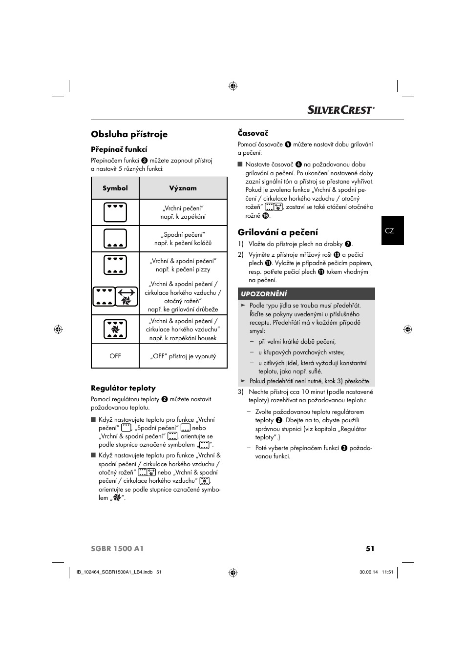 Obsluha přístroje, Grilování a pečení | Silvercrest SGBR 1500 A1 User Manual | Page 54 / 88