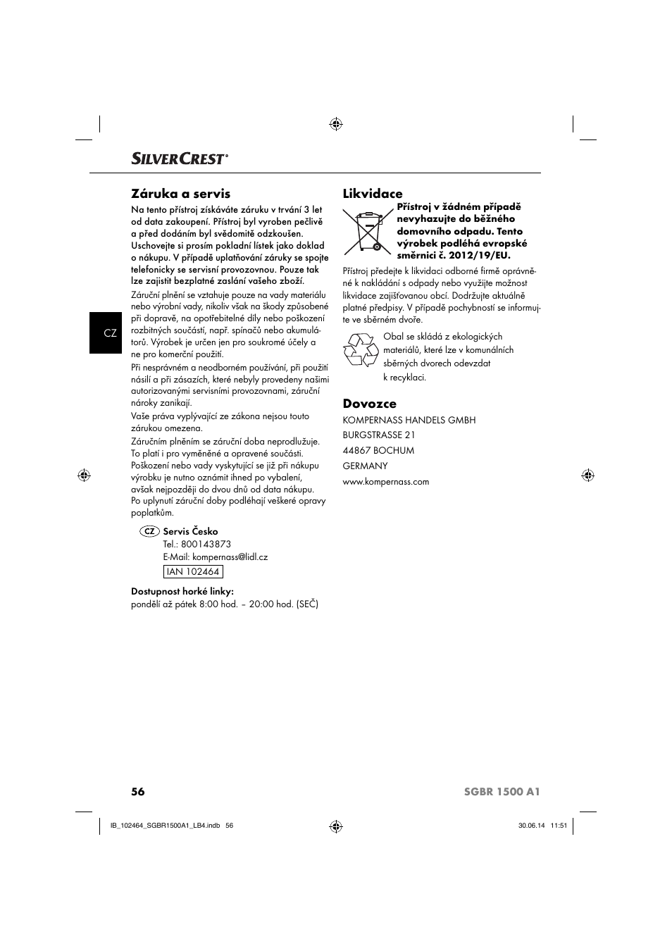 Záruka a servis, Likvidace, Dovozce | Silvercrest SGBR 1500 A1 User Manual | Page 59 / 88