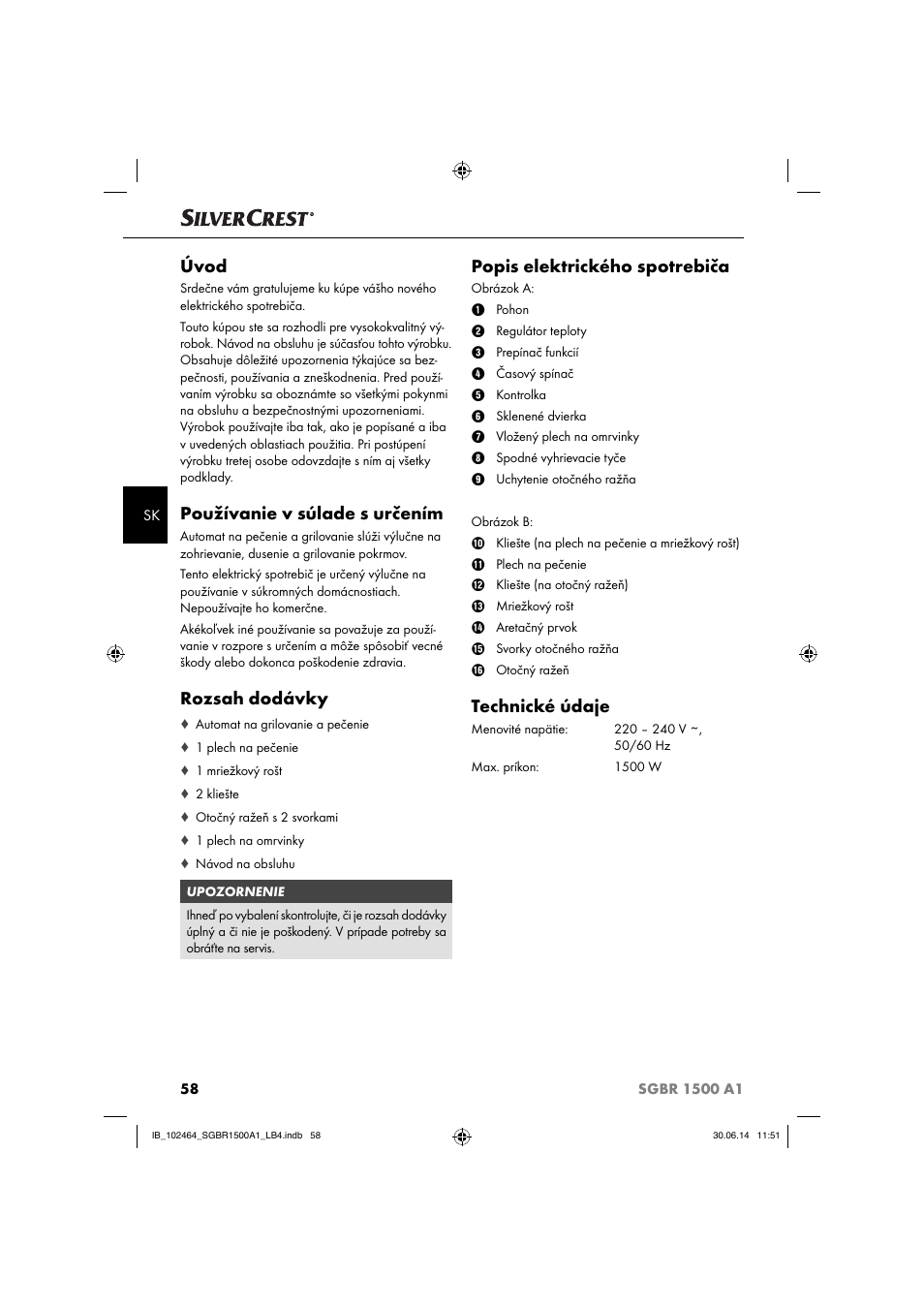 Úvod, Používanie v súlade s určením, Rozsah dodávky | Popis elektrického spotrebiča, Technické údaje | Silvercrest SGBR 1500 A1 User Manual | Page 61 / 88