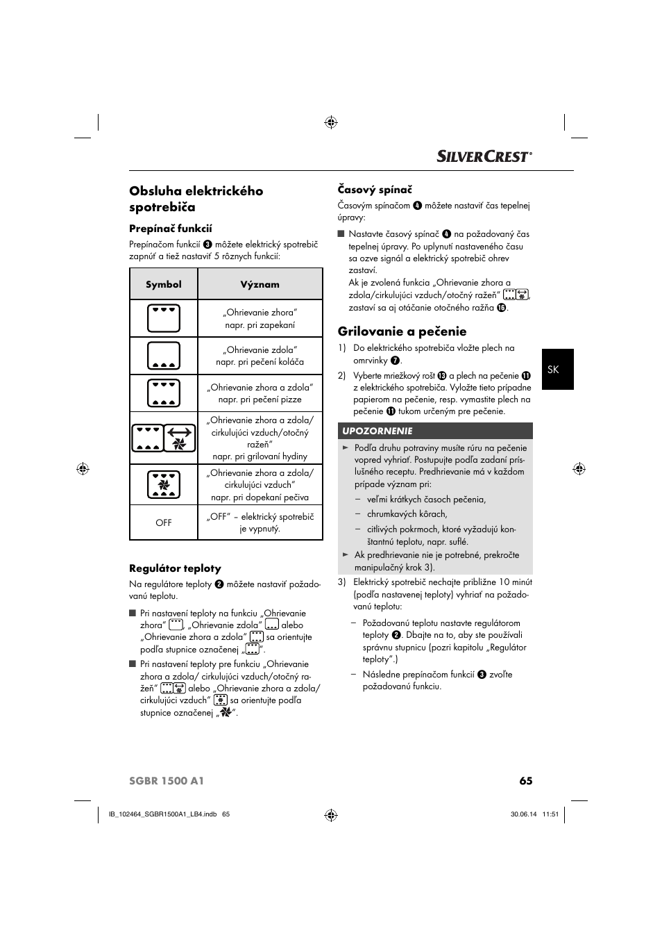 Obsluha elektrického spotrebiča, Grilovanie a pečenie | Silvercrest SGBR 1500 A1 User Manual | Page 68 / 88