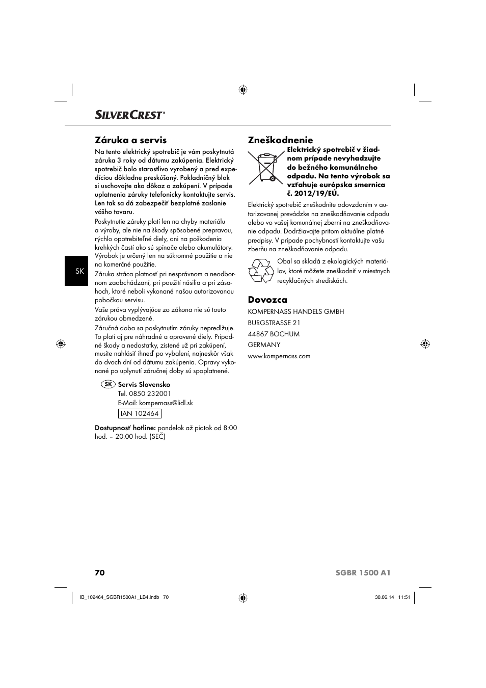 Záruka a servis, Zneškodnenie, Dovozca | Silvercrest SGBR 1500 A1 User Manual | Page 73 / 88