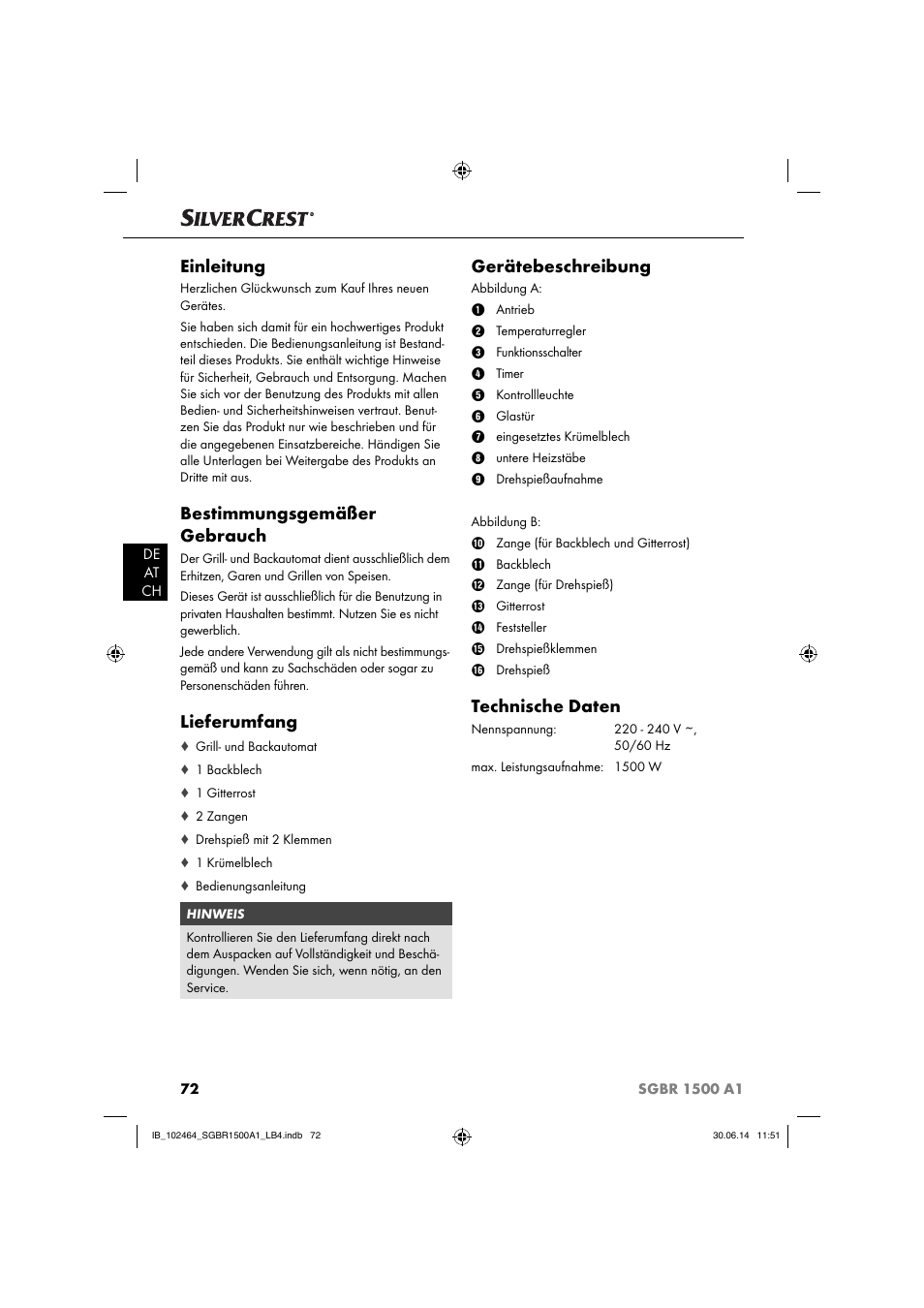 Einleitung, Bestimmungsgemäßer gebrauch, Lieferumfang | Gerätebeschreibung, Technische daten | Silvercrest SGBR 1500 A1 User Manual | Page 75 / 88