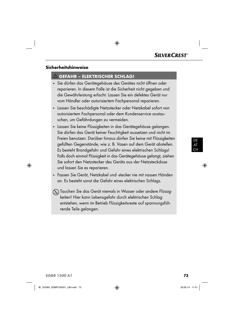 Sicherheitshinweise gefahr – elektrischer schlag | Silvercrest SGBR 1500 A1 User Manual | Page 76 / 88