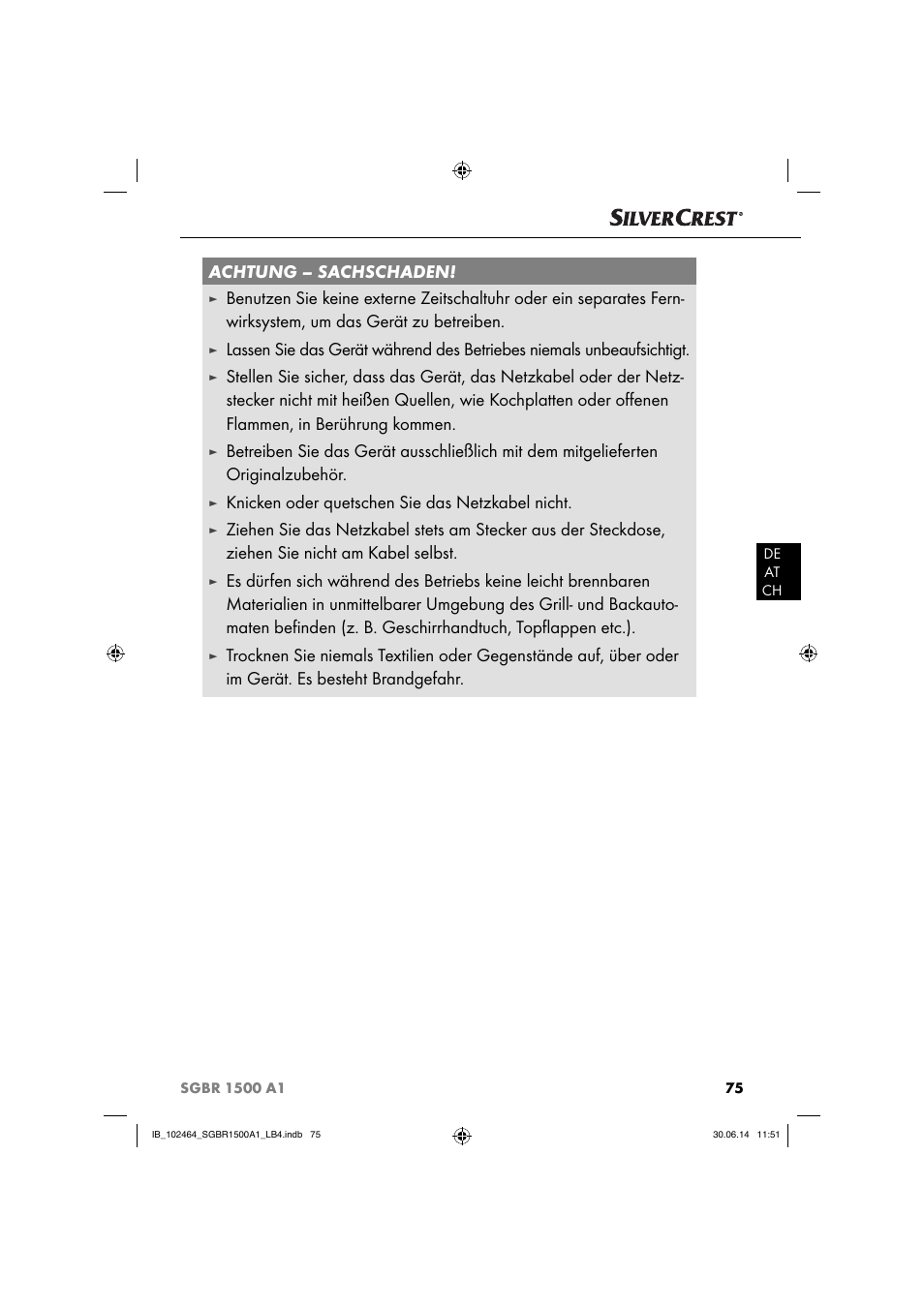 Achtung – sachschaden, Knicken oder quetschen sie das netzkabel nicht | Silvercrest SGBR 1500 A1 User Manual | Page 78 / 88