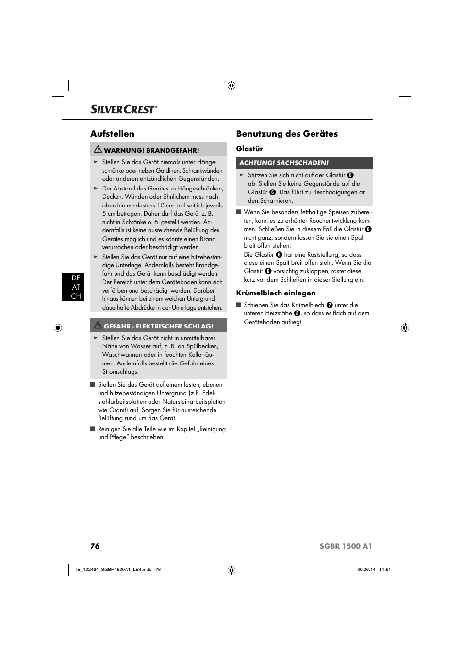Aufstellen, Benutzung des gerätes | Silvercrest SGBR 1500 A1 User Manual | Page 79 / 88