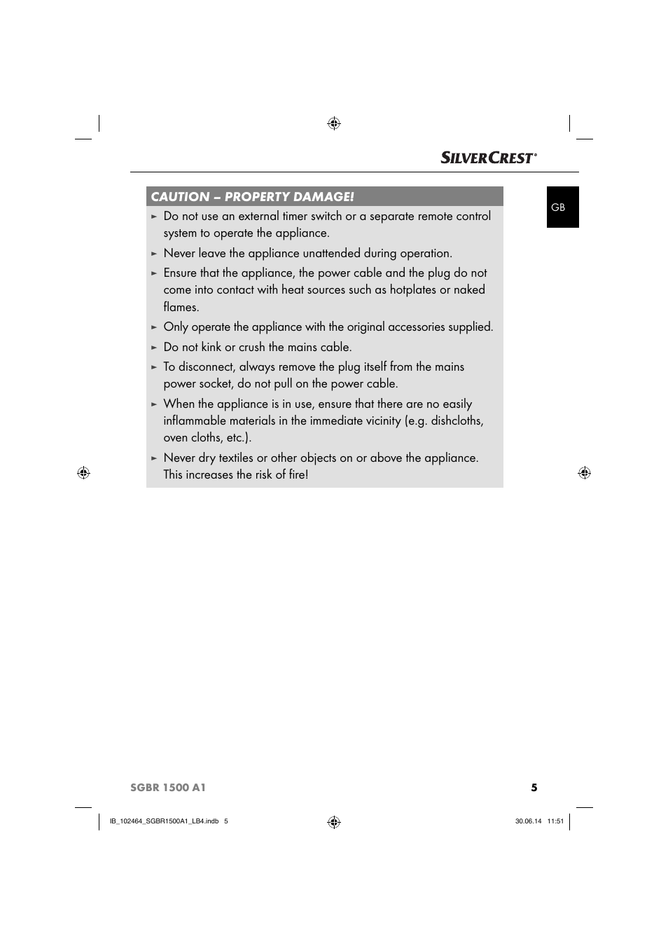 Caution – property damage, Do not kink or crush the mains cable | Silvercrest SGBR 1500 A1 User Manual | Page 8 / 88