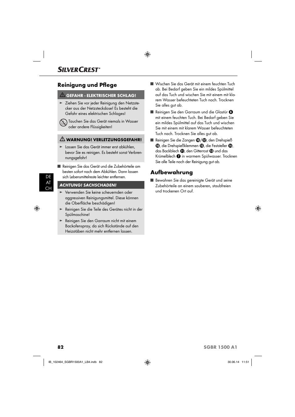 Reinigung und pﬂ ege, Aufbewahrung | Silvercrest SGBR 1500 A1 User Manual | Page 85 / 88