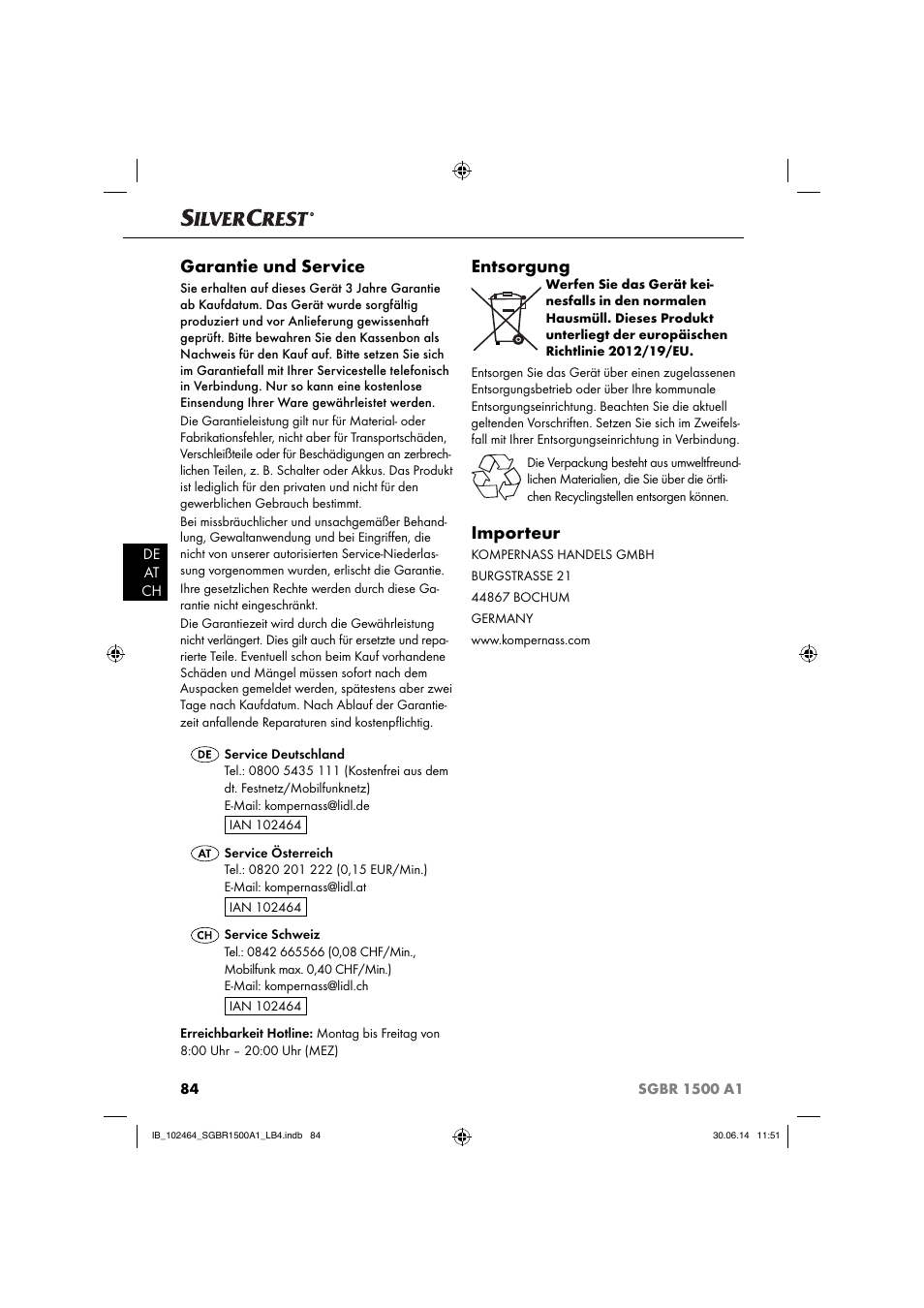 Garantie und service, Entsorgung, Importeur | Silvercrest SGBR 1500 A1 User Manual | Page 87 / 88