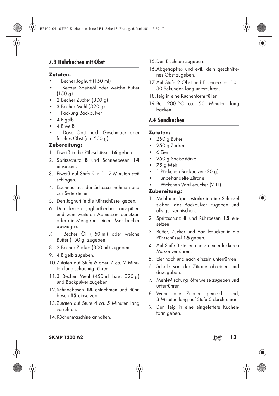 3 rührkuchen mit obst, 4 sandkuchen | Silvercrest SKMP 1200 A2 User Manual | Page 15 / 74