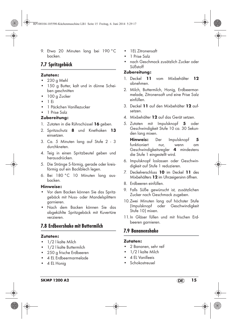 7 spritzgebäck, 8 erdbeershake mit buttermilch, 9 bananenshake | Silvercrest SKMP 1200 A2 User Manual | Page 17 / 74