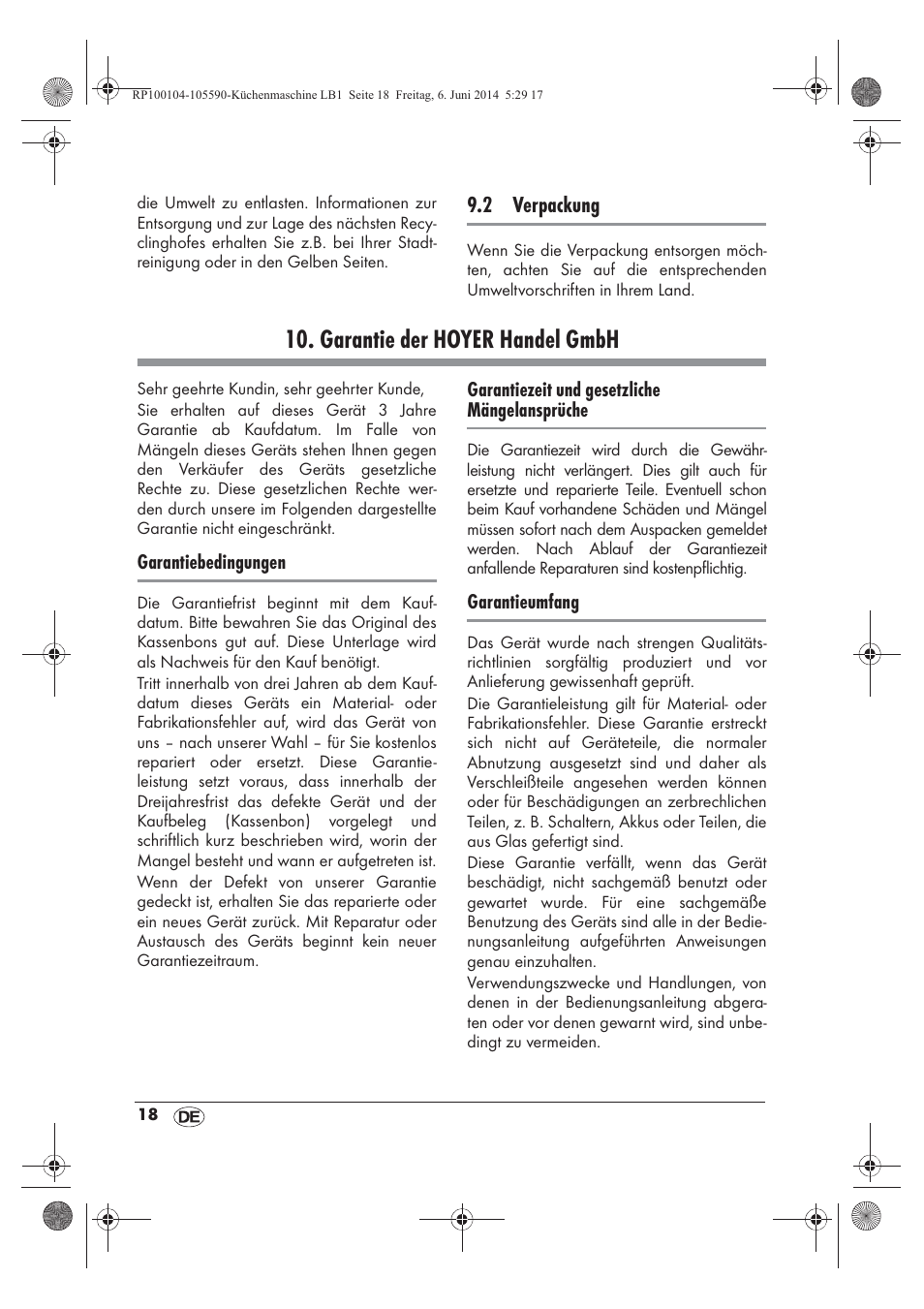 Garantie der hoyer handel gmbh, 2 verpackung | Silvercrest SKMP 1200 A2 User Manual | Page 20 / 74