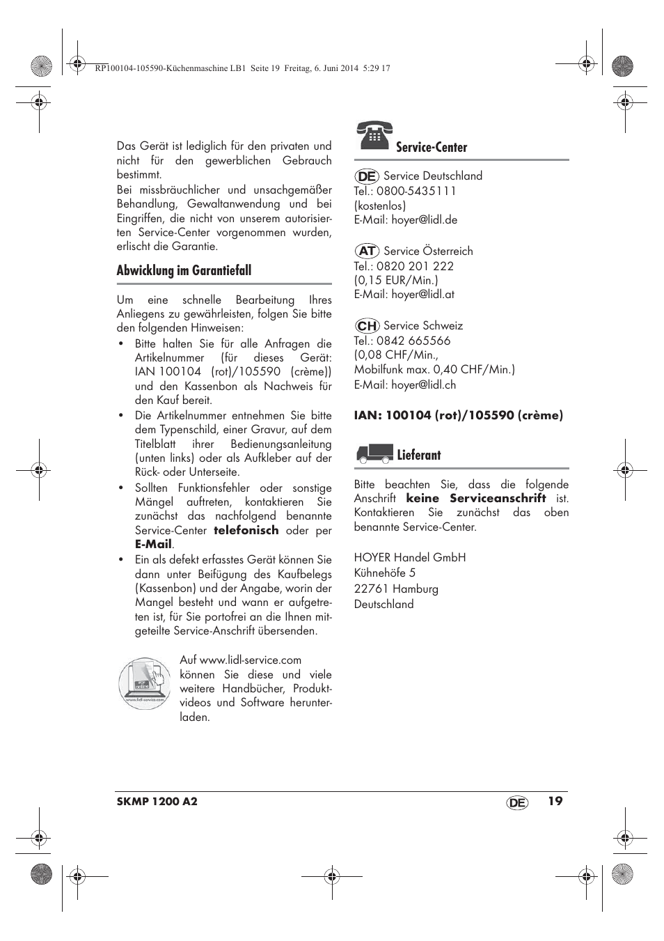 Abwicklung im garantiefall, Service-center, Lieferant | Silvercrest SKMP 1200 A2 User Manual | Page 21 / 74