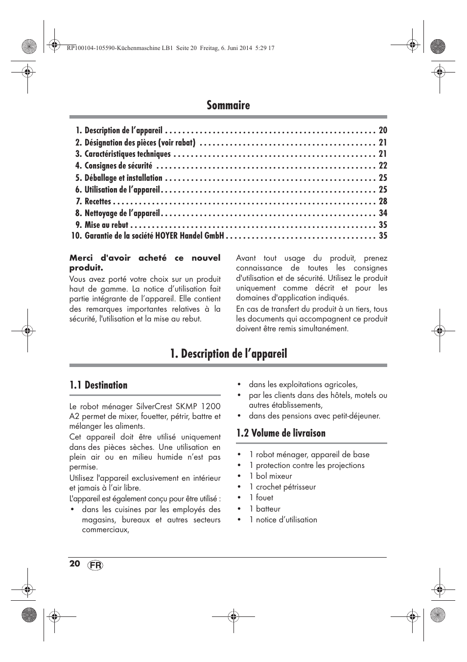 Sommaire, Description de l’appareil | Silvercrest SKMP 1200 A2 User Manual | Page 22 / 74