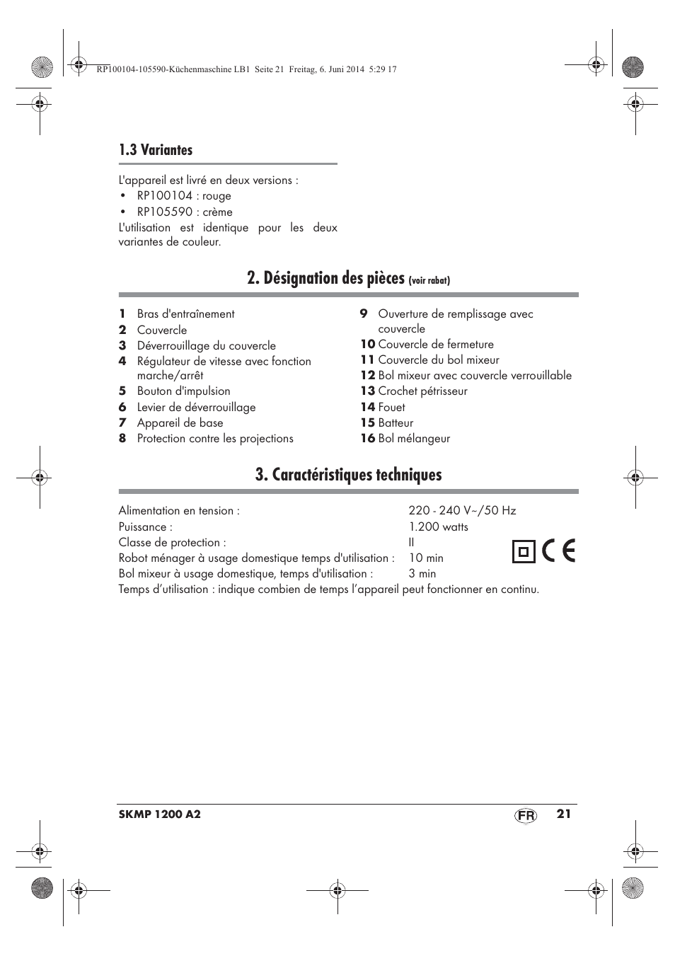 Désignation des pièces, Caractéristiques techniques, 3 variantes | Silvercrest SKMP 1200 A2 User Manual | Page 23 / 74