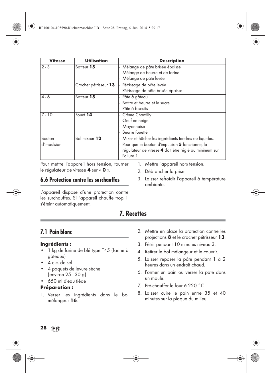 Recettes, 6 protection contre les surchauffes, 1 pain blanc | Silvercrest SKMP 1200 A2 User Manual | Page 30 / 74