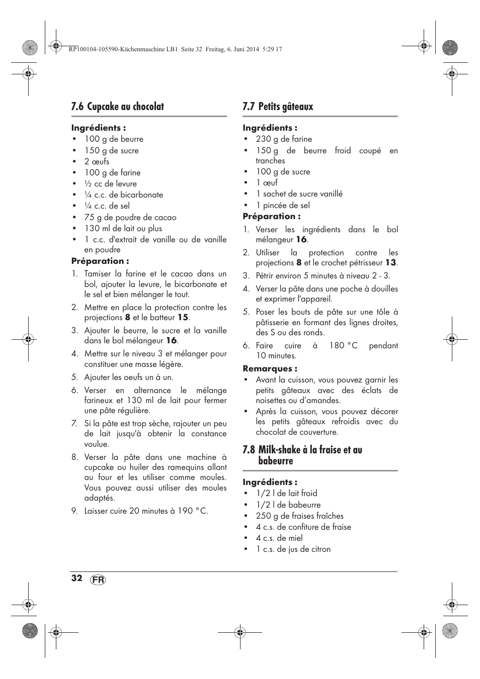 6 cupcake au chocolat, 7 petits gâteaux, 8 milk-shake à la fraise et au babeurre | Silvercrest SKMP 1200 A2 User Manual | Page 34 / 74