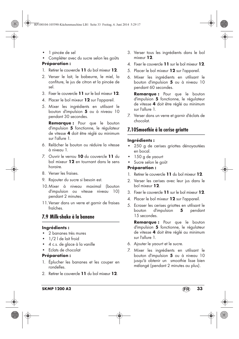 9 milk-shake à la banane, 10smoothie à la cerise griotte | Silvercrest SKMP 1200 A2 User Manual | Page 35 / 74