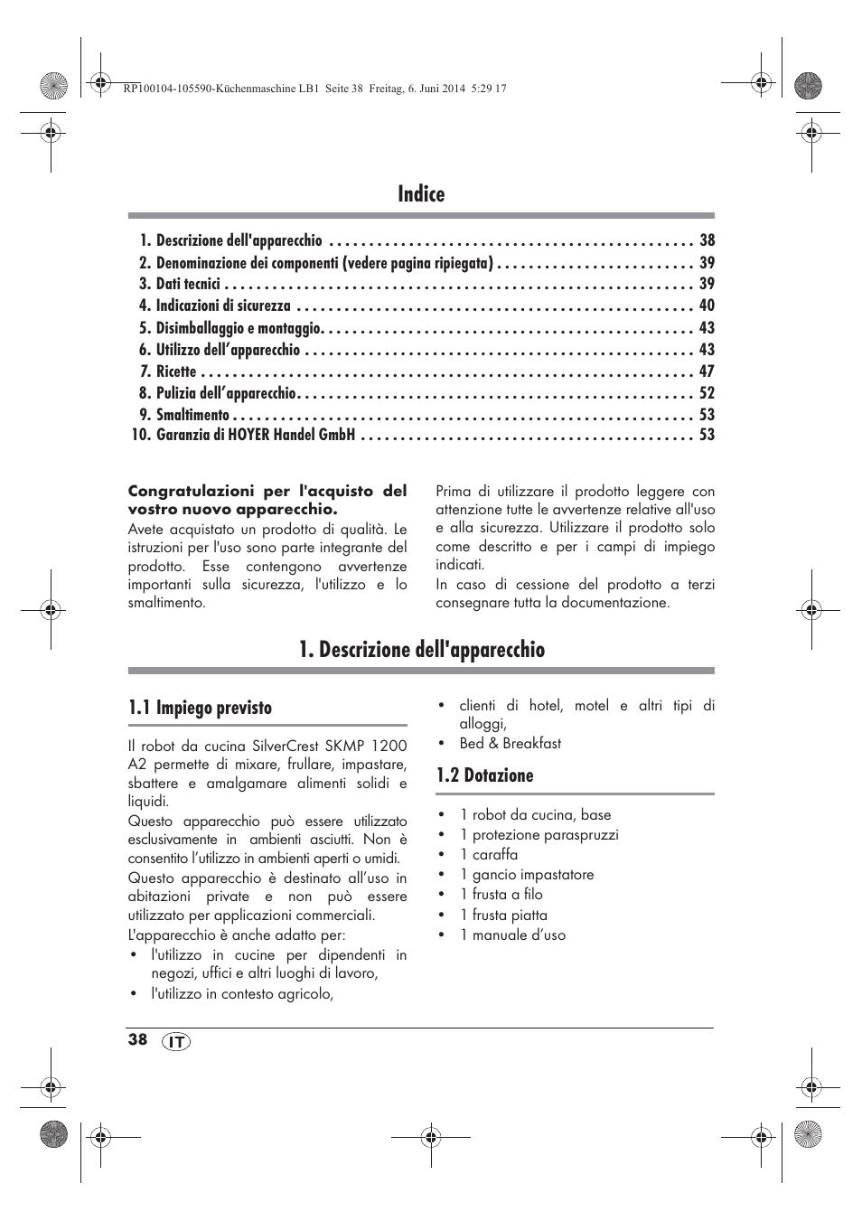 Indice, Descrizione dell'apparecchio | Silvercrest SKMP 1200 A2 User Manual | Page 40 / 74