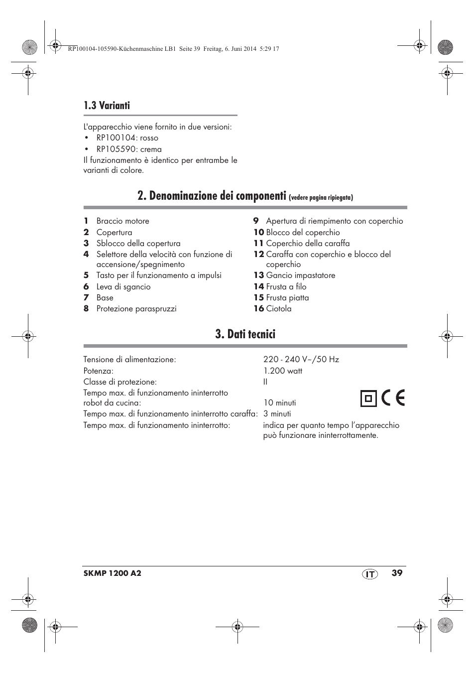 Denominazione dei componenti, Dati tecnici, 3 varianti | Silvercrest SKMP 1200 A2 User Manual | Page 41 / 74