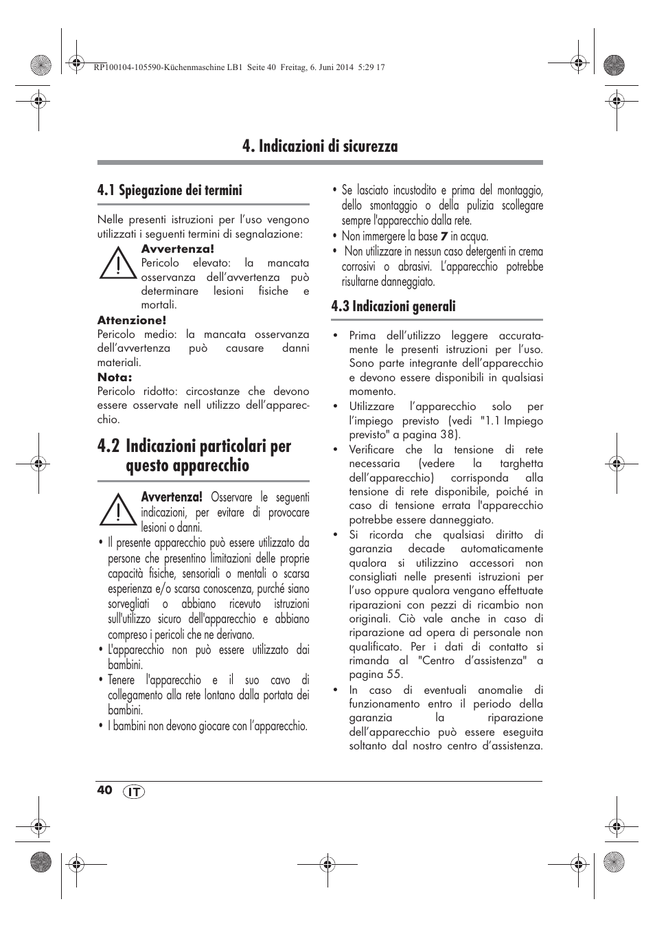 2 indicazioni particolari per questo apparecchio, Indicazioni di sicurezza | Silvercrest SKMP 1200 A2 User Manual | Page 42 / 74