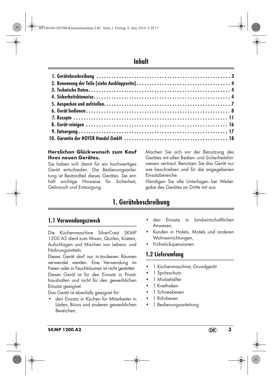 Inhalt, Gerätebeschreibung, 1 verwendungszweck | 2 lieferumfang | Silvercrest SKMP 1200 A2 User Manual | Page 5 / 74