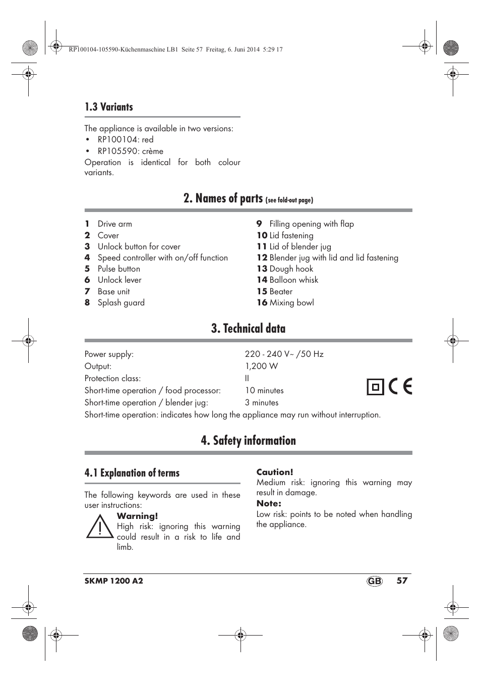 Names of parts, Technical data, Safety information | 3 variants, 1 explanation of terms | Silvercrest SKMP 1200 A2 User Manual | Page 59 / 74