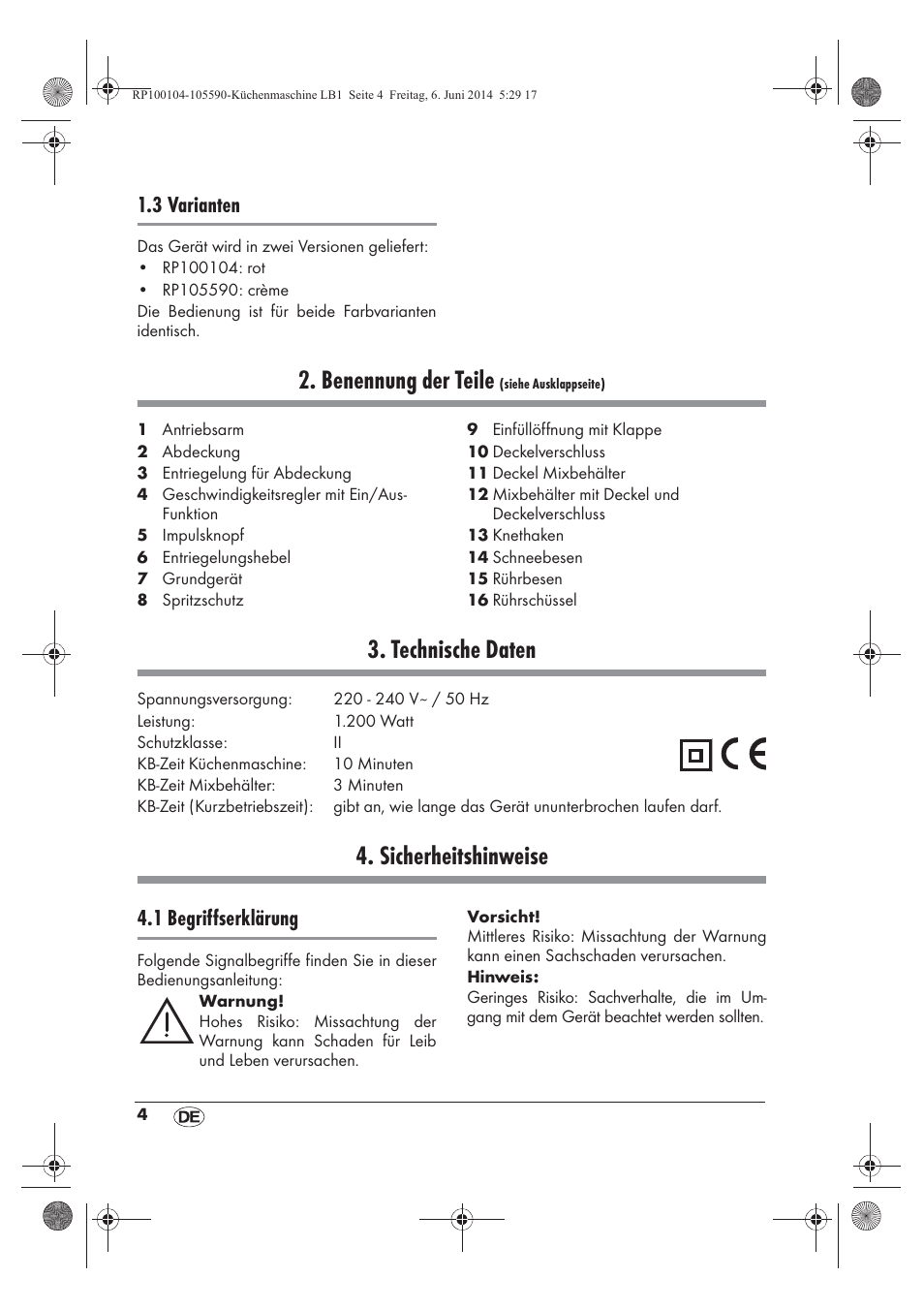 Benennung der teile, Technische daten, Sicherheitshinweise | 3 varianten, 1 begriffserklärung | Silvercrest SKMP 1200 A2 User Manual | Page 6 / 74