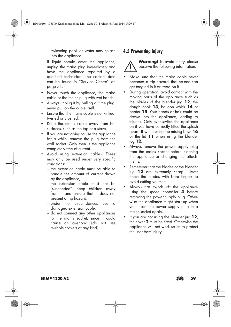 5 preventing injury | Silvercrest SKMP 1200 A2 User Manual | Page 61 / 74