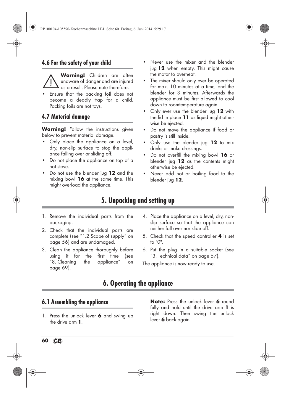 Unpacking and setting up, Operating the appliance, 6 for the safety of your child | 7 material damage, 1 assembling the appliance | Silvercrest SKMP 1200 A2 User Manual | Page 62 / 74