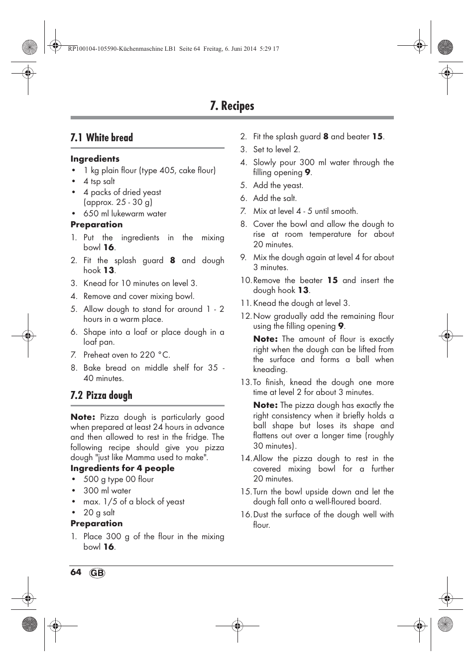 Recipes, 1 white bread, 2 pizza dough | Silvercrest SKMP 1200 A2 User Manual | Page 66 / 74