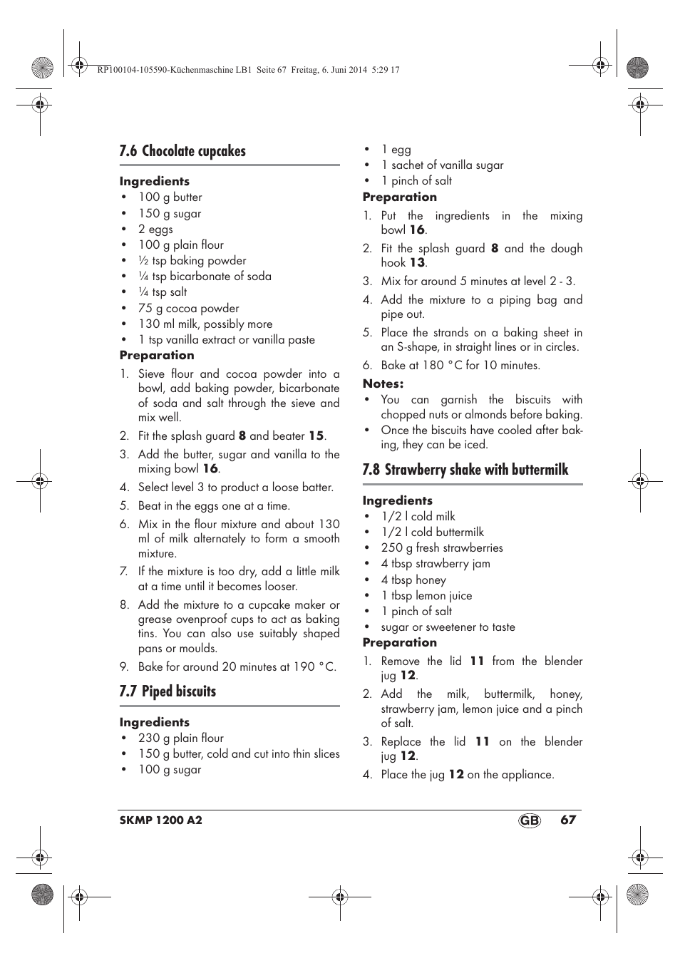 6 chocolate cupcakes, 7 piped biscuits, 8 strawberry shake with buttermilk | Silvercrest SKMP 1200 A2 User Manual | Page 69 / 74