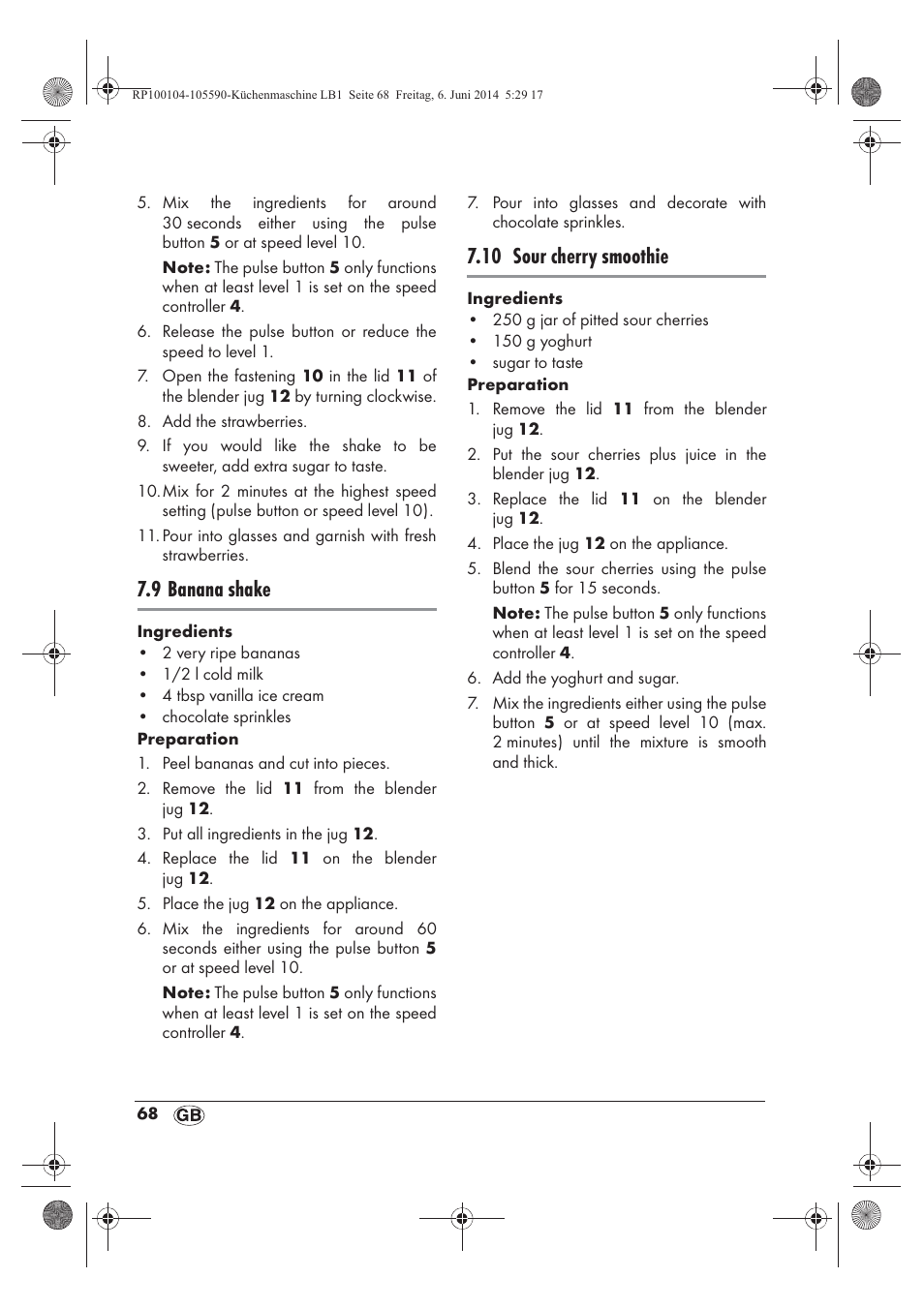 9 banana shake, 10 sour cherry smoothie | Silvercrest SKMP 1200 A2 User Manual | Page 70 / 74