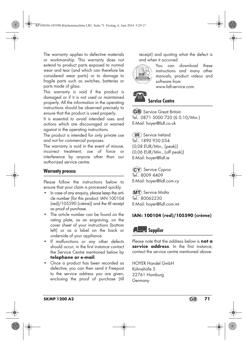 Warranty process, Service centre, Supplier | Silvercrest SKMP 1200 A2 User Manual | Page 73 / 74