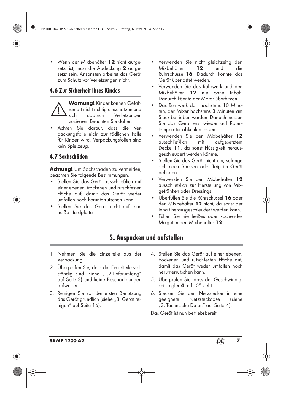 Auspacken und aufstellen, 6 zur sicherheit ihres kindes, 7 sachschäden | Silvercrest SKMP 1200 A2 User Manual | Page 9 / 74