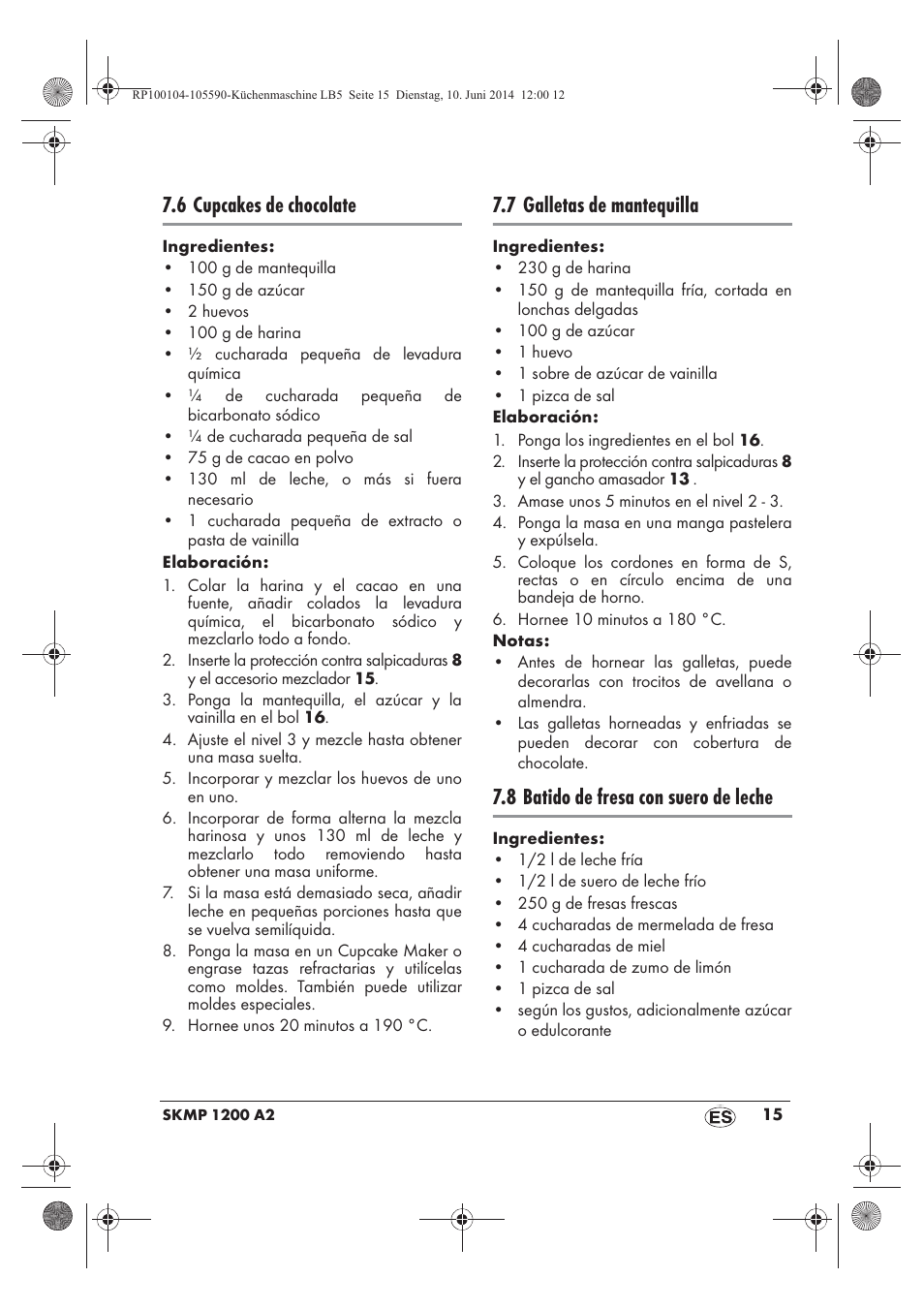 6 cupcakes de chocolate, 7 galletas de mantequilla, 8 batido de fresa con suero de leche | Silvercrest SKMP 1200 A2 User Manual | Page 17 / 94